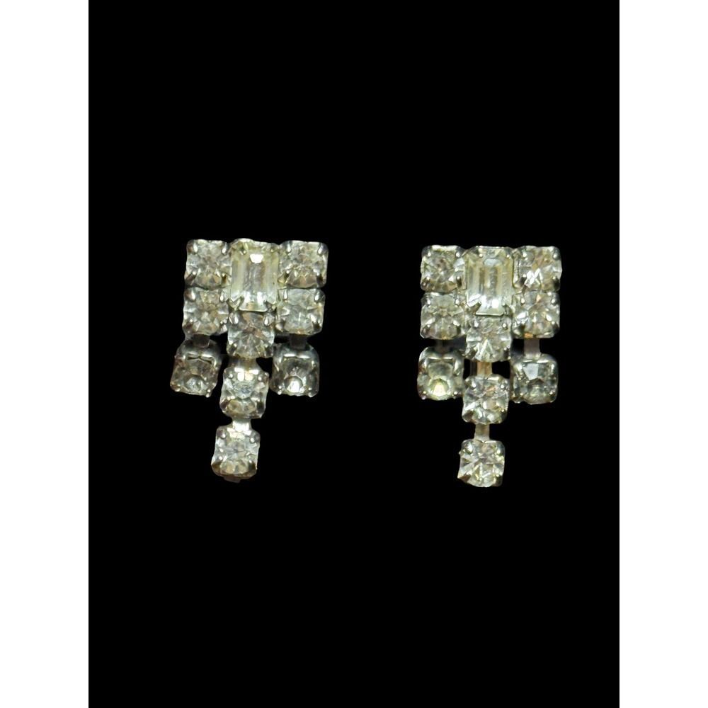 Vintage Rhinestone Screw Back Earrings Silver Tone Dangle 1950s